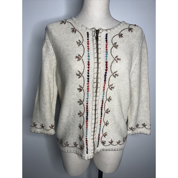 Christopher & Banks Full Zip Up Cardigan Sweater Knitted Oatmeal Size Medium - Picture 2 of 16
